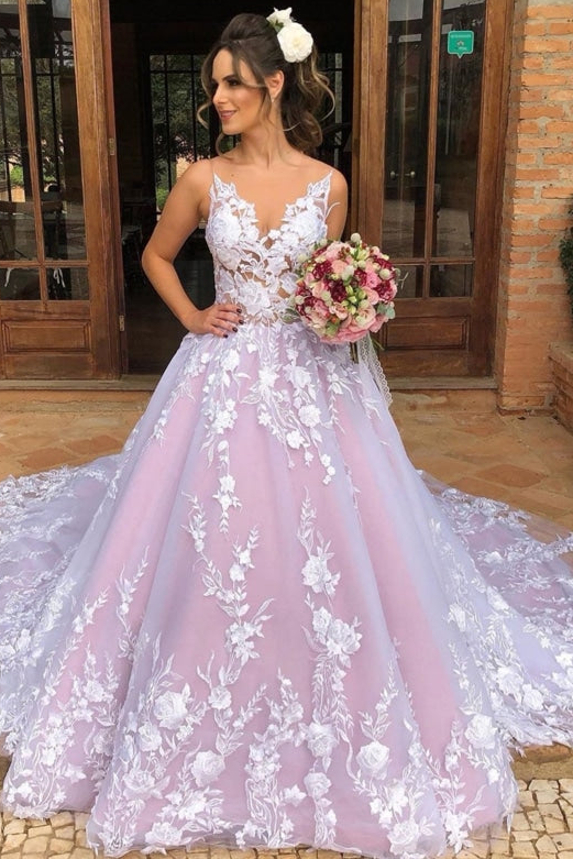 Pink A-Line Spaghetti Straps Lace Appliques Formal Prom Dress with Train