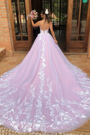 Pink A-Line Spaghetti Straps Lace Appliques Formal Prom Dress with Train