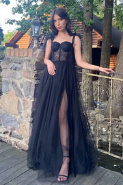 Black A-Line Straps Sweetheart Tulle Sleeveless Long Prom Formal Dress