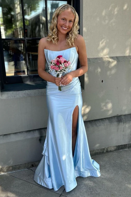 Strapless Mermaid Scoop Pleated Satin Long Prom Dress with Slit