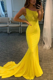 One Shoulder Yellow Mermaid Rhinestone Long Prom Dress with Train