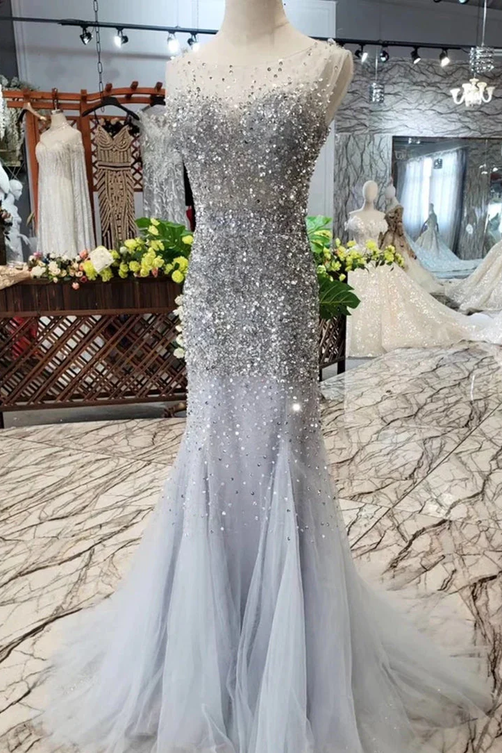 Stunning Illusion Mermaid Sequins Tulle Long Formal Prom Dress