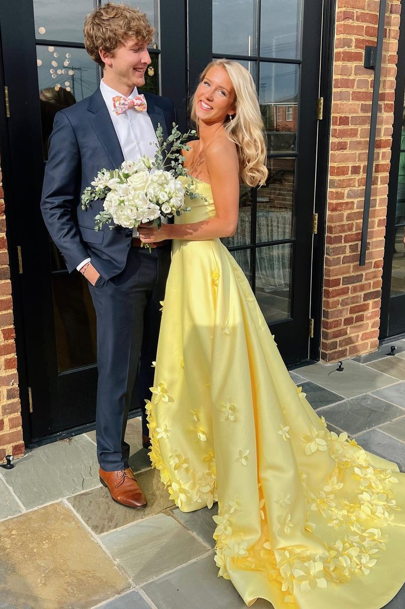 Yellow Strapless A-Line Empire-Waist Appliques Satin Formal Prom Dress Modsele Yellow Strapless A-Line Empire-Waist Appliques Satin Formal Prom Dress Modsele