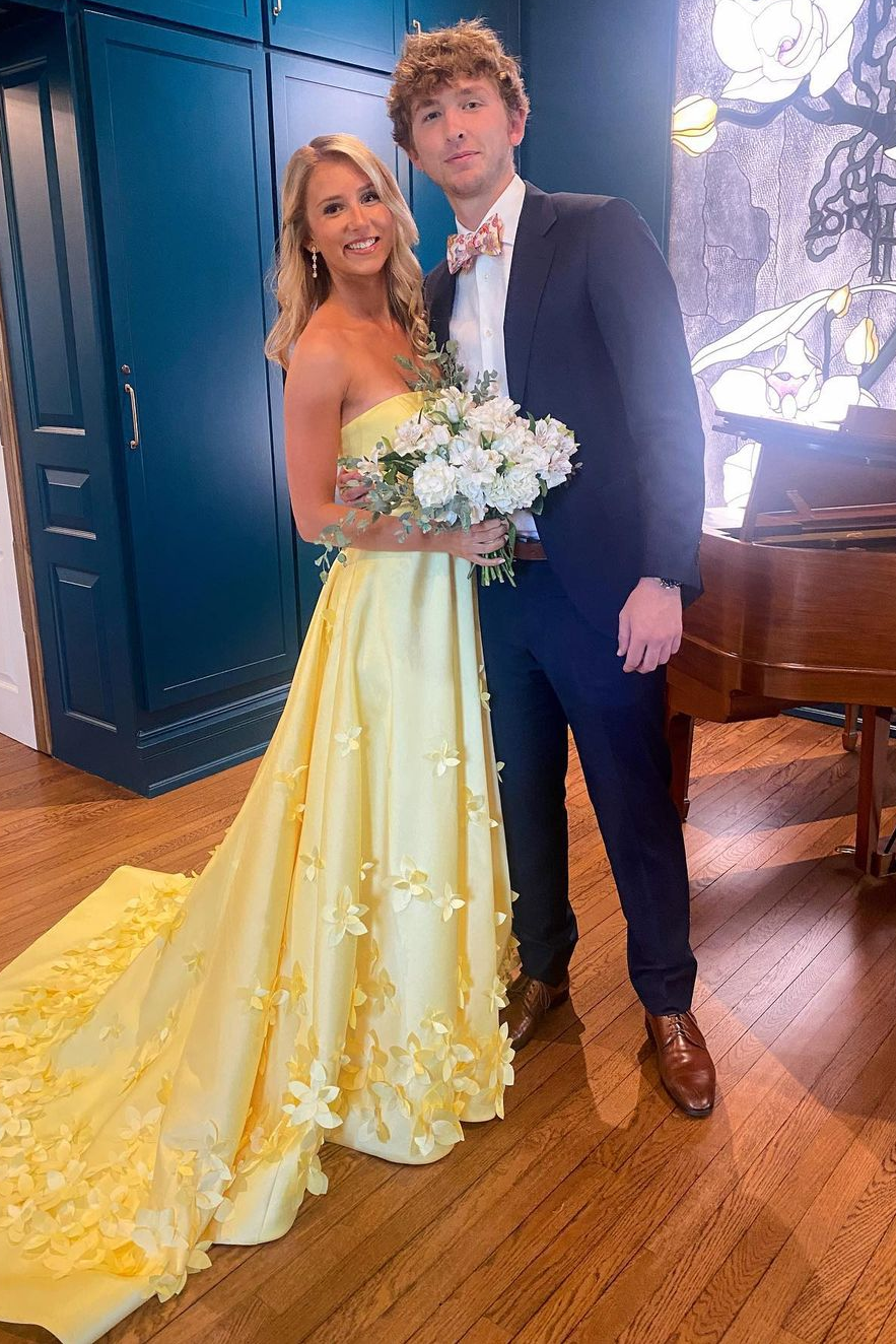 Yellow Strapless A-Line Empire-Waist Appliques Satin Formal Prom Dress Modsele Yellow Strapless A-Line Empire-Waist Appliques Satin Formal Prom Dress Modsele