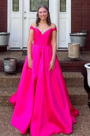 Off-Shoulder A-Line V-Neck Beads Pleated Satin Long Prom Dress