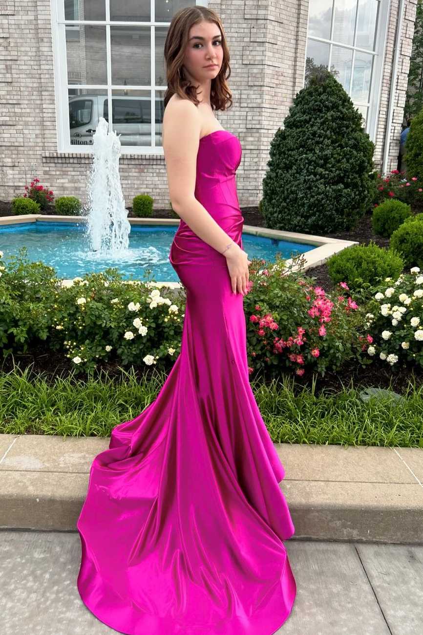 Satin Mermaid Strapless V-Neck Sleeveless Pleated Formal Prom Dress with Slit