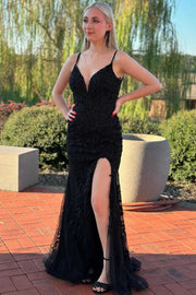 Black Spaghetti Straps V-Neck Lace Appliques Mermaid Prom Dress with Slit