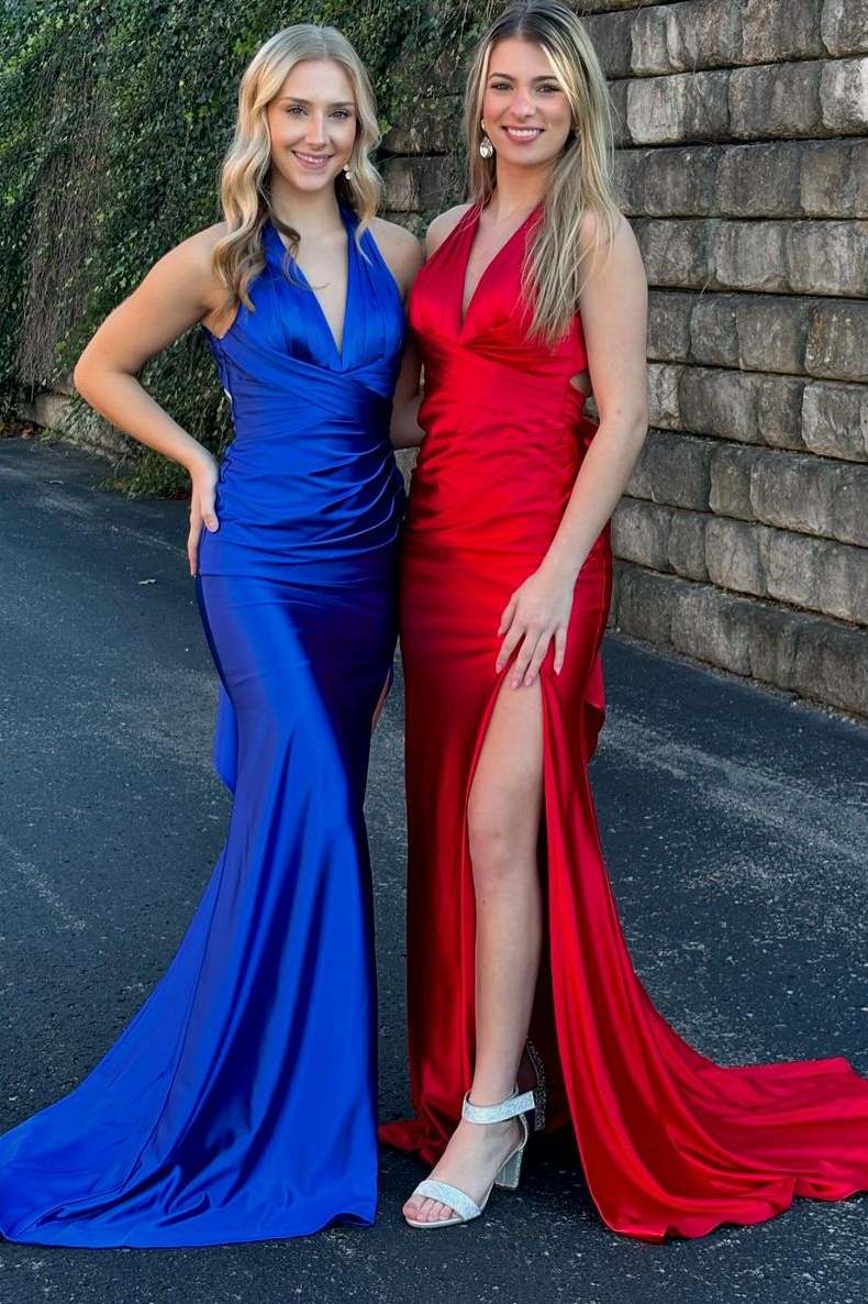 Halter V-Neck Mermaid Sleeveless Pleated Satin Prom Dress with Slit