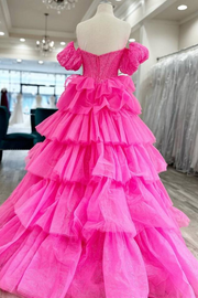 A-Line Off-Shoulder V-Neck Layered Tulle Prom Dress with Slit