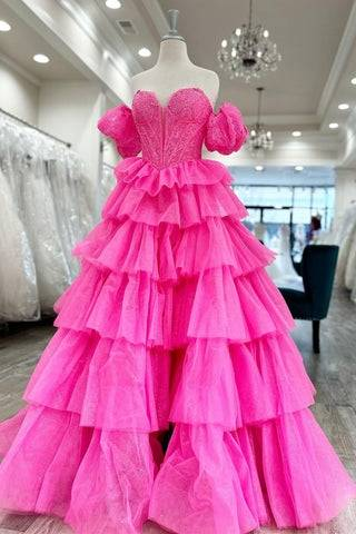 A-Line Off-Shoulder V-Neck Layered Tulle Prom Dress with Slit