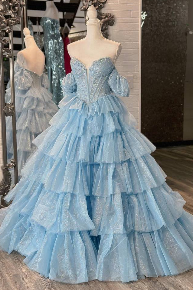 A-Line Off-Shoulder V-Neck Layered Tulle Prom Dress with Slit