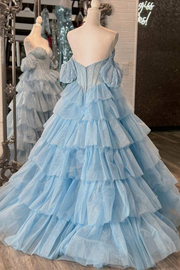 A-Line Off-Shoulder V-Neck Layered Tulle Prom Dress with Slit