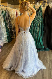 A-Line Spaghetti Straps V-Neck Appliques Sleeveless Prom Dress