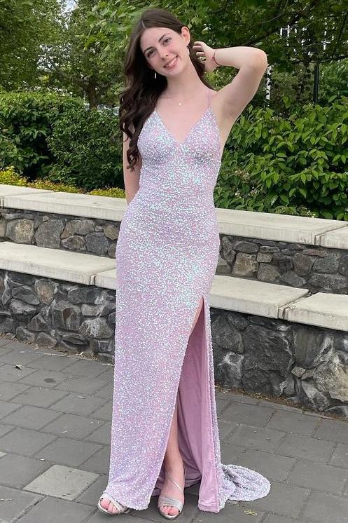 Pink Spaghetti Straps V-Neck Sequined Long Prom Dress with Slit