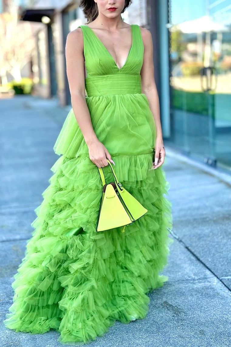 Ruffles Green A-Line V-Neck Sleeveless Empire-Waist Tulle Long Prom Dress