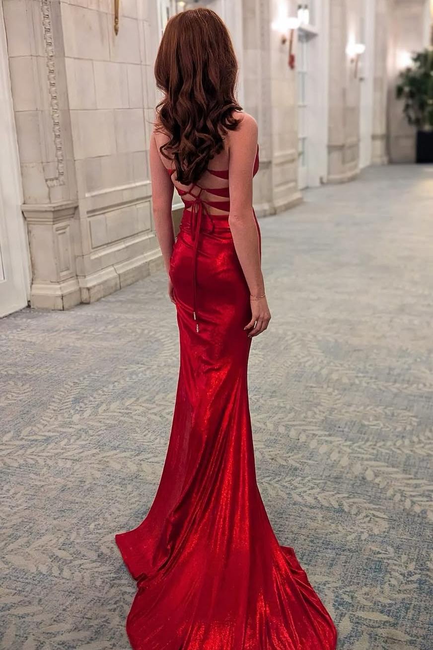 Burgundy Spaghetti Straps Pleated Mermaid Formal Prom Dress with Slit