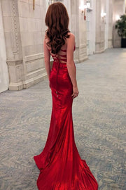 Burgundy Spaghetti Straps Pleated Mermaid Formal Prom Dress with Slit