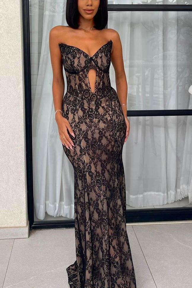 Black Strapless V-Neck Sleeveless Lace Mermaid Formal Prom Dress