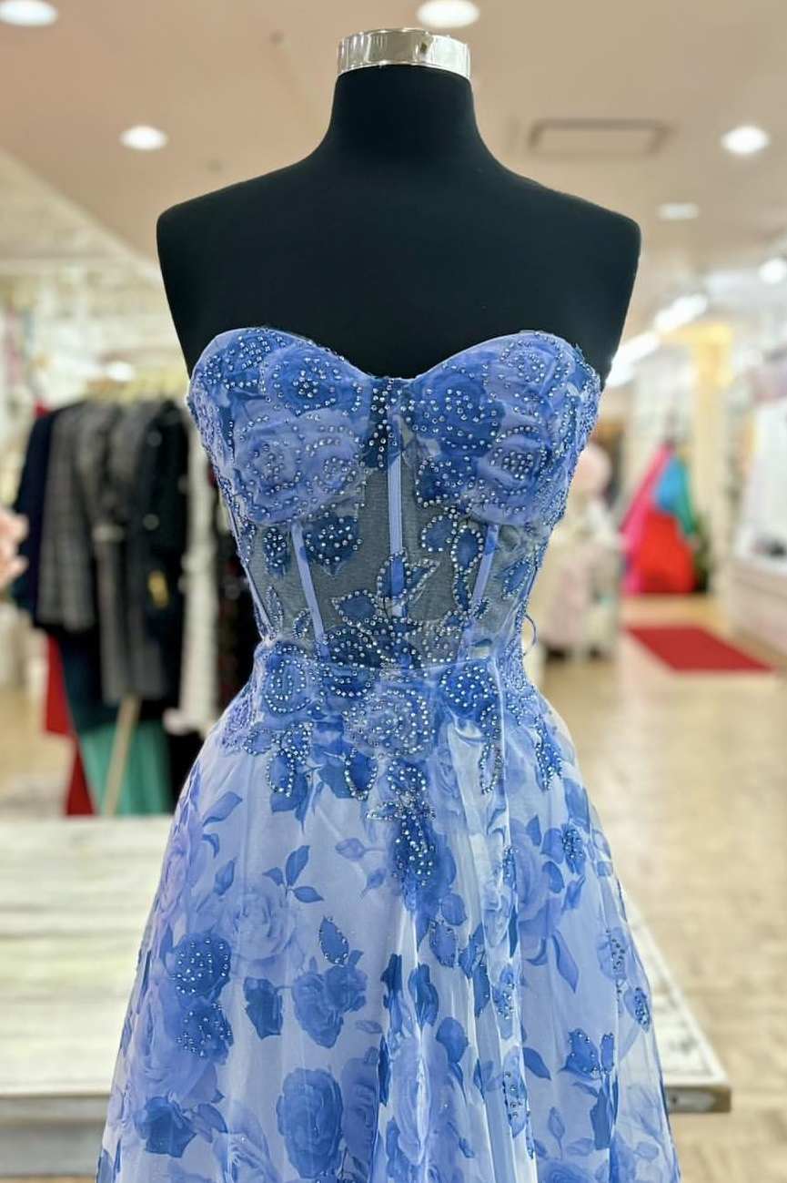 Elegant Strapless Printing Sweetheart Beads A-Line Formal Prom Dress