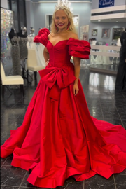 A-Line Off-Shoulder Satin Pleated V-Neck Long Formal Prom Dress with Bow