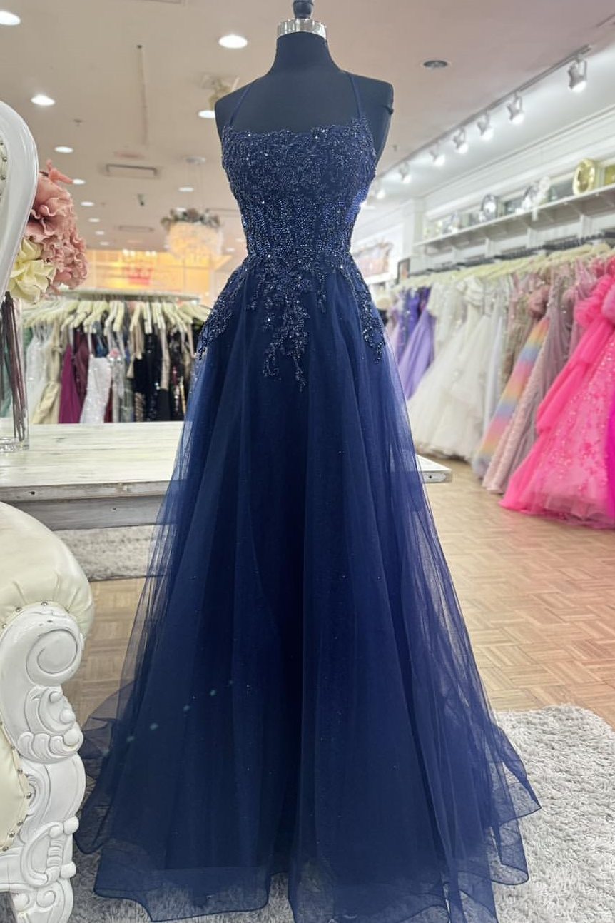 A-Line Scoop Appliques Sleeveless Empire-Waist Tulle Long Prom Dress