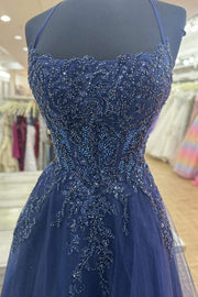 A-Line Scoop Appliques Sleeveless Empire-Waist Tulle Long Prom Dress