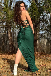 Green Spaghetti Straps V-Neck Pleats Mermaid Prom Dress with Sequins