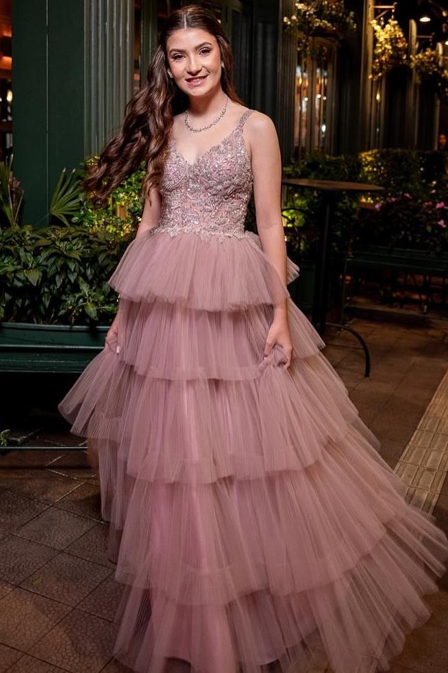 A-Line Empire-Waist Appliques Layered Tulle Sleeveless Formal Prom Dress