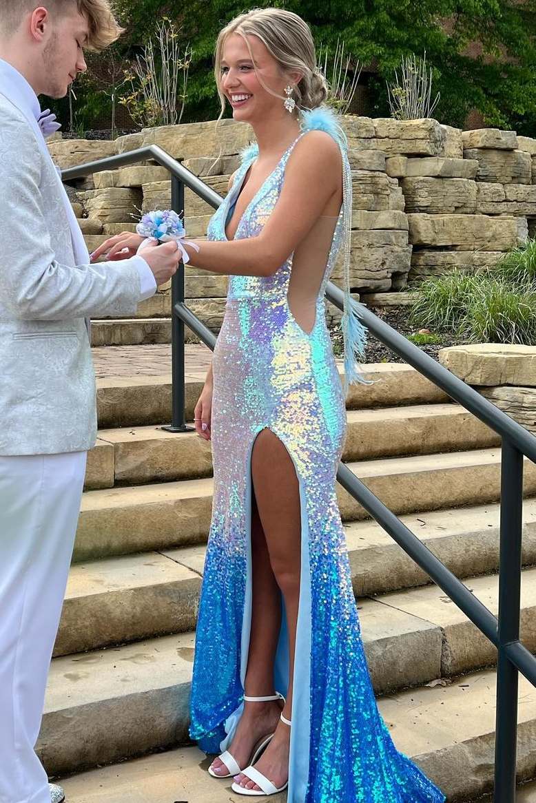 Sparkly Deep V-Neck Sequined Mermaid Long Prom Dress with Slit