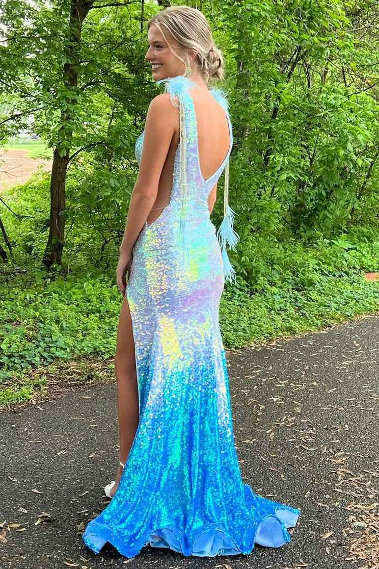 Sparkly Deep V-Neck Sequined Mermaid Long Prom Dress with Slit