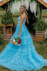 Blue Strapless V-Neck A-Line Ruffles Tulle Long Prom Dress with Slit