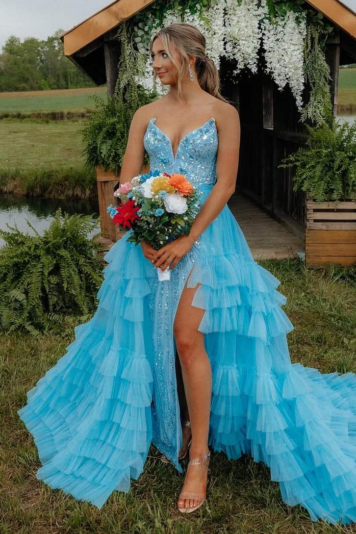 Blue Strapless V-Neck A-Line Ruffles Tulle Long Prom Dress with Slit