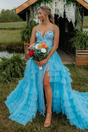 Blue Strapless V-Neck A-Line Ruffles Tulle Long Prom Dress with Slit