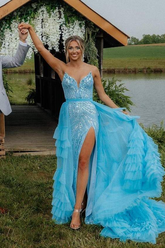 Blue Strapless V-Neck A-Line Ruffles Tulle Long Prom Dress with Slit