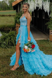 Blue Strapless V-Neck A-Line Ruffles Tulle Long Prom Dress with Slit