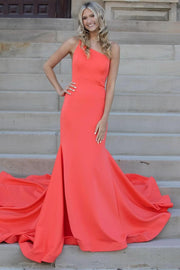 One Shoulder Mermaid Sleeveless Satin Formal Prom Dress with Train