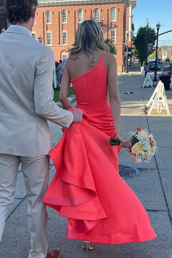 One Shoulder Mermaid Sleeveless Satin Formal Prom Dress with Train