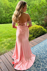 Pink Off-Shoulder Mermaid Satin Tassels Formal Prom Dress with Slit