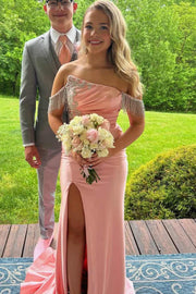 Pink Off-Shoulder Mermaid Satin Tassels Formal Prom Dress with Slit