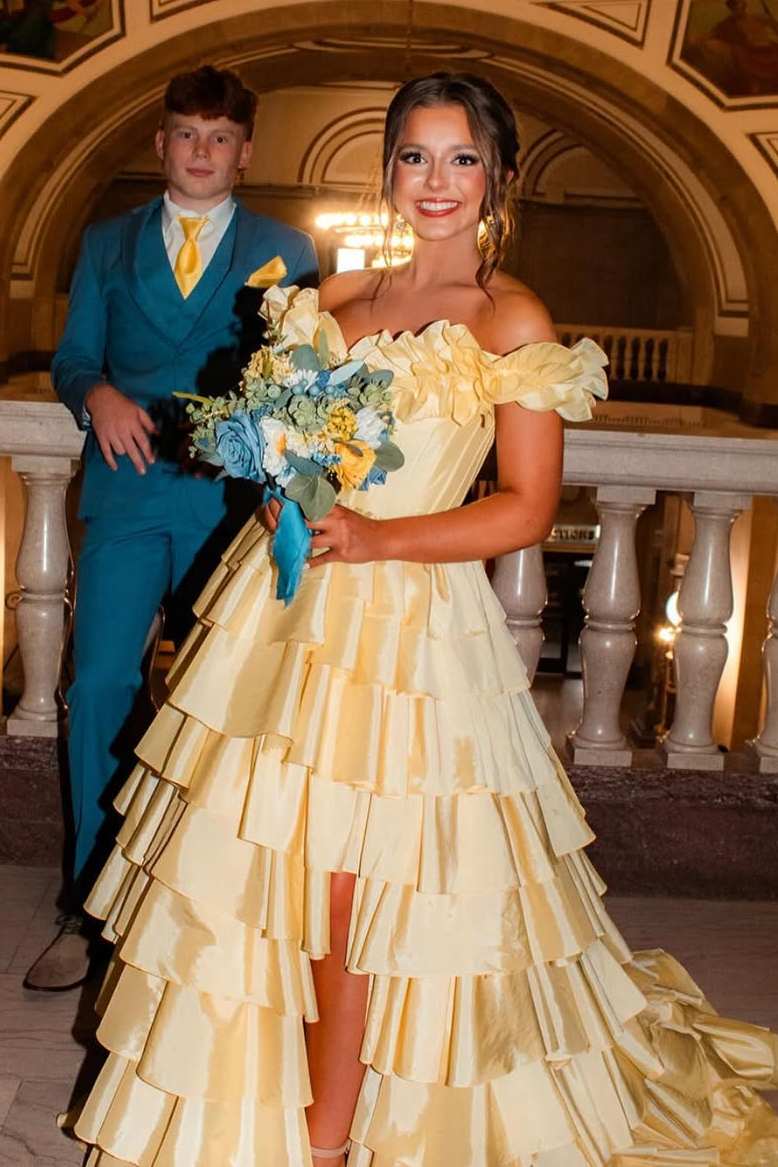 layered satin dress Seville Layered Satin Gown