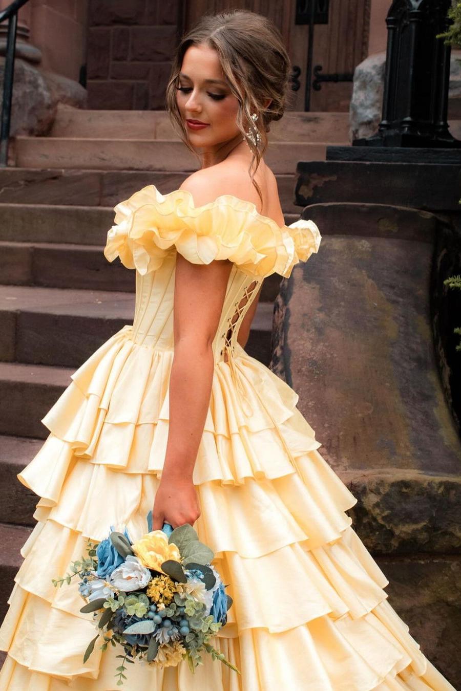 Off-Shoulder Ruched A-Line Layered Satin Formal Prom Dress with Slit Modsele Off-Shoulder Ruched A-Line Layered Satin Formal Prom Dress with Slit Modsele