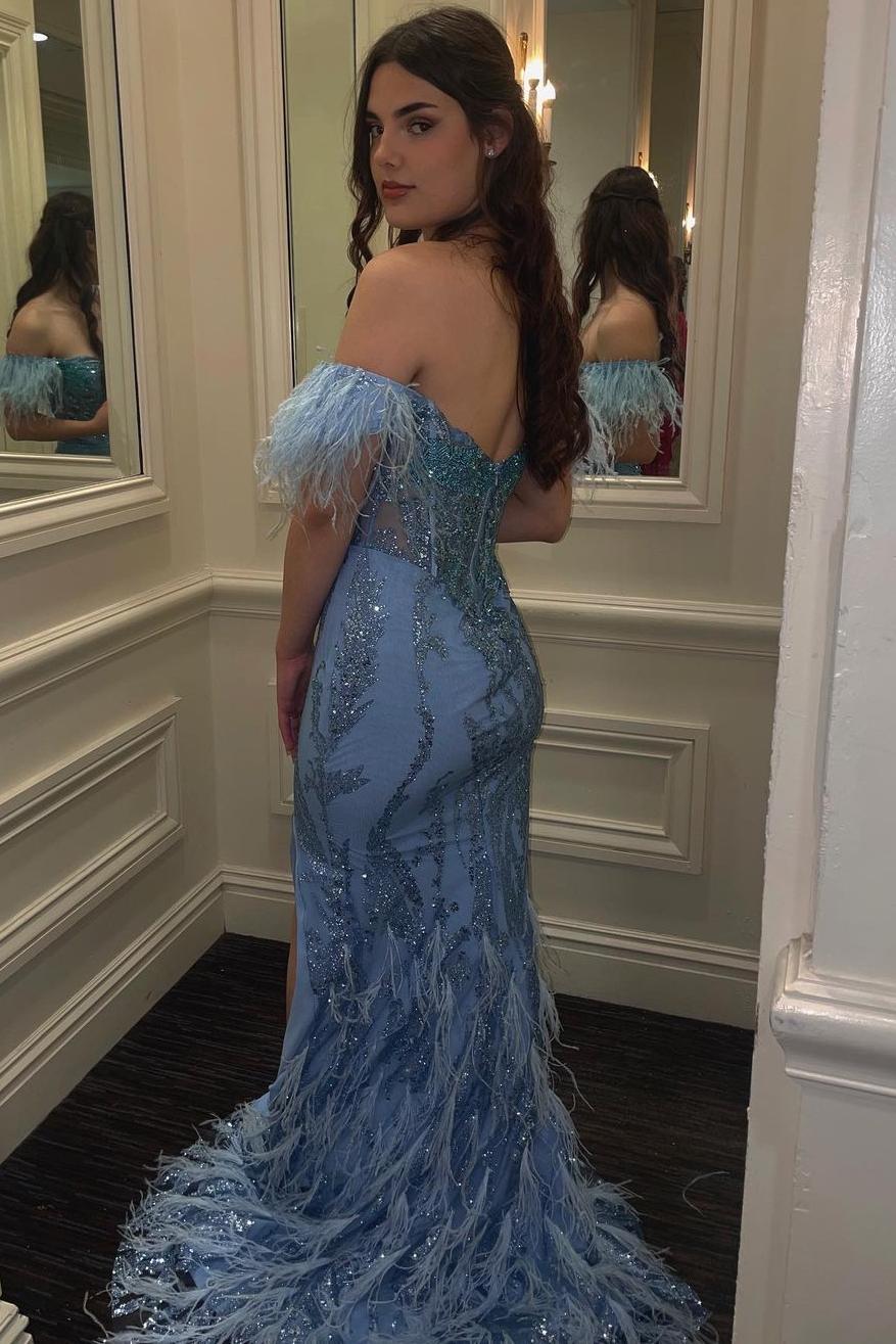 Off-Shoulder Mermaid Feathers Appliques Long Prom Dress with Slit