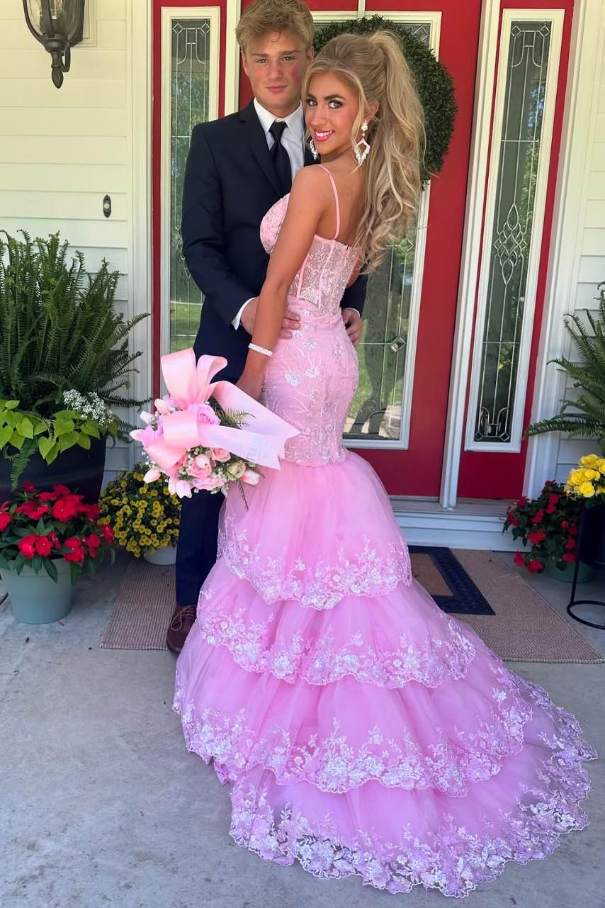 Pink Spaghetti Straps V-Neck Layered Mermaid Long Prom Dress with Slit Modsele Pink Spaghetti Straps V-Neck Layered Mermaid Long Prom Dress with Slit Modsele