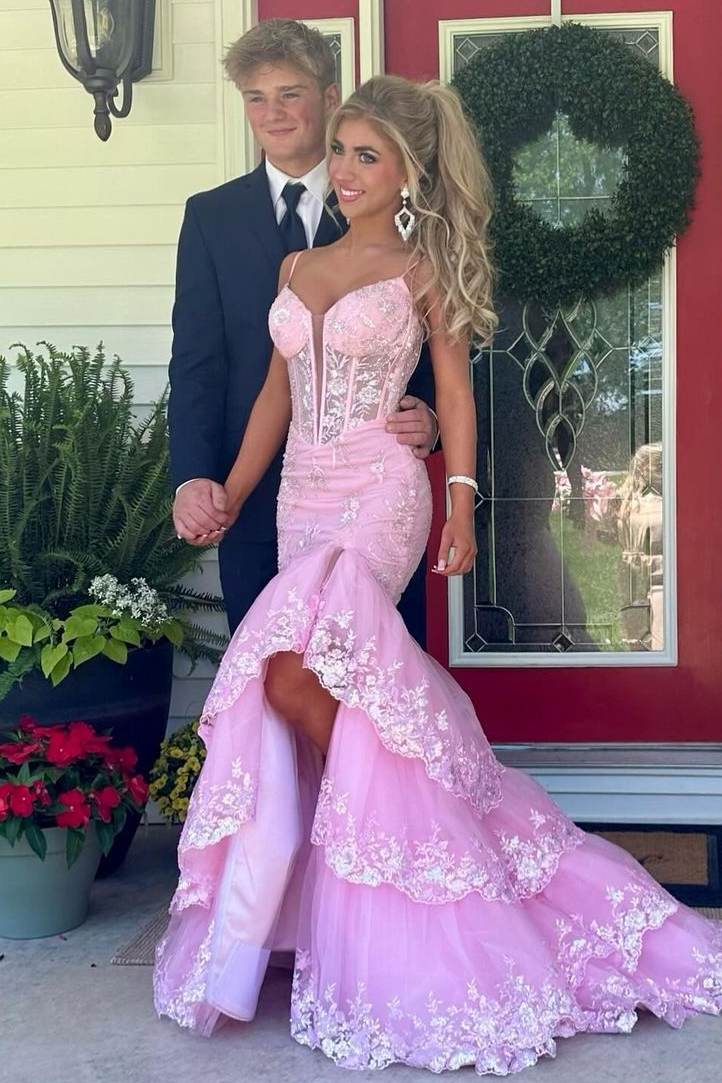 Pink Spaghetti Straps V-Neck Layered Mermaid Long Prom Dress with Slit