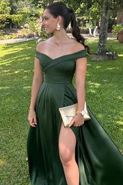 Olive Off-Shoulder V-Neck A-Line Satin Pleated Formal Prom Dress with Slit