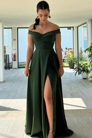 Olive Off-Shoulder V-Neck A-Line Satin Pleated Formal Prom Dress with Slit