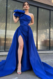 A-Line One Shoulder Pleated Satin Long Prom Formal Dress with Bow