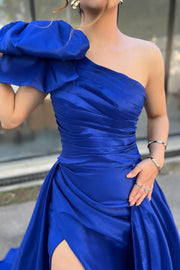 A-Line One Shoulder Pleated Satin Long Prom Formal Dress with Bow