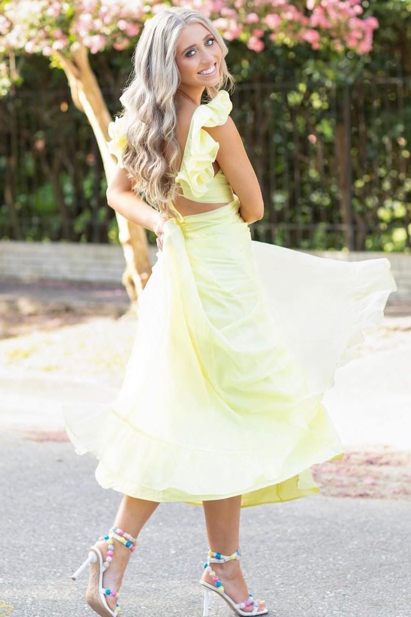 Yellow A-Line V-Neck Sleeveless Empire-Waist Prom Party Dress