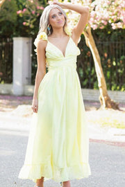 Yellow A-Line V-Neck Sleeveless Empire-Waist Prom Party Dress